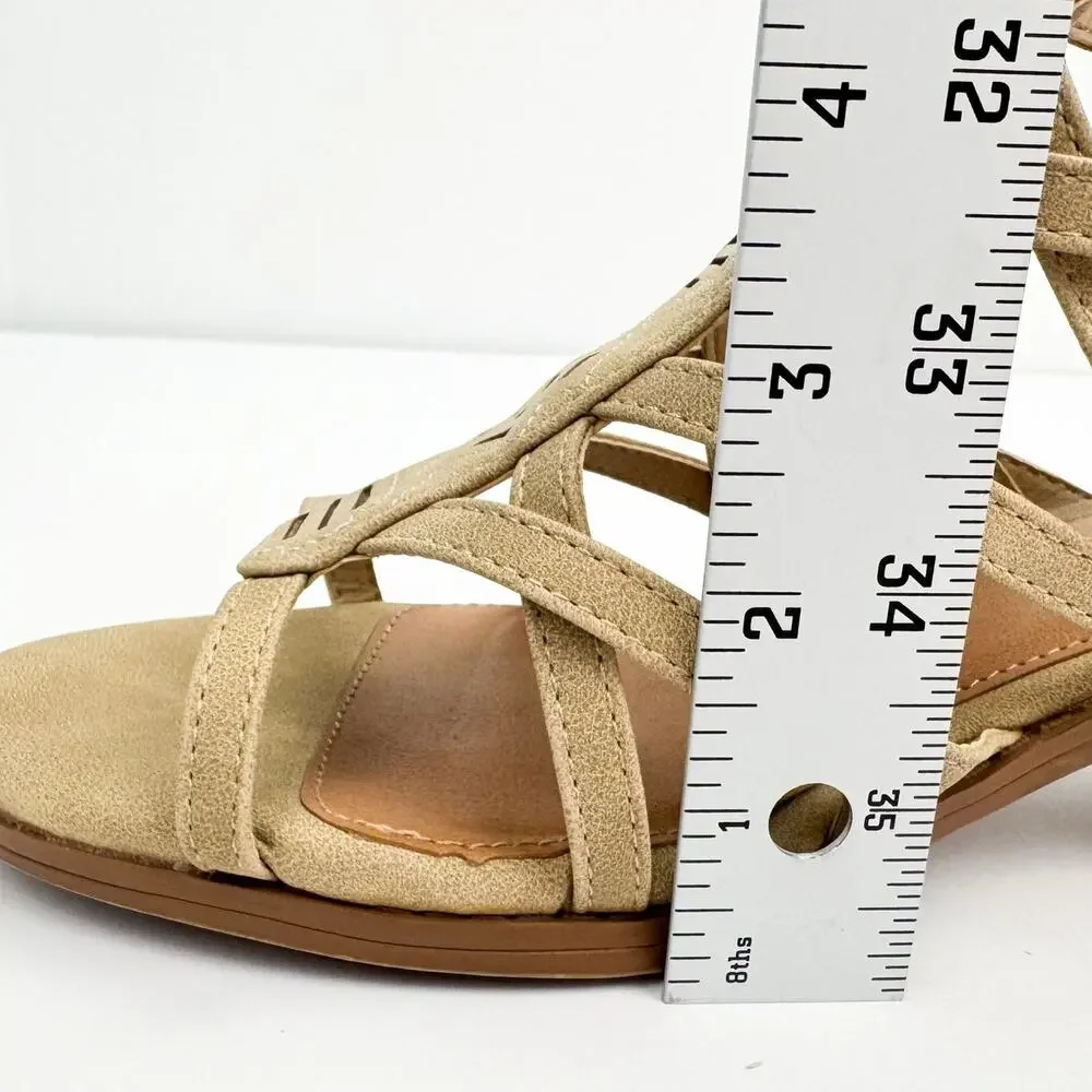 Justice Tan Western Faux Leather Metallic Strappy Block Low Heel Sandals 8 Girls